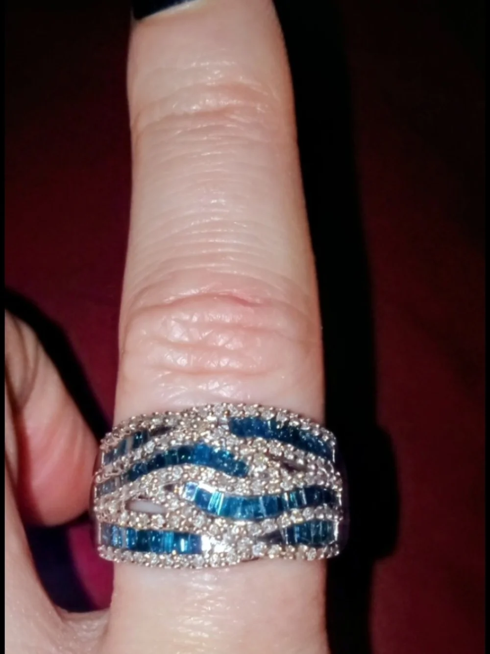 Silver Band Ring with Teal Blue Crystal Waves - Picture 2 of 7